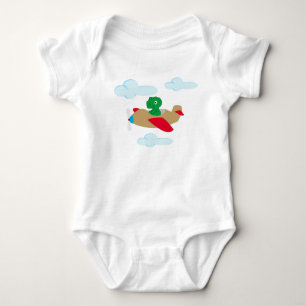 Funny dino flying by plane baby bodysuit