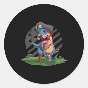 Funny Dino Pirate Us American Flag Independence Da Classic Round Sticker