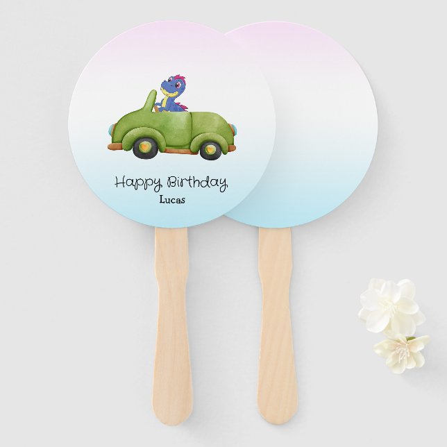 Funny dinosaur antique car B2S kids Birthday party Hand Fan (Front and Back)