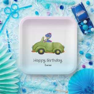 Funny dinosaur antique car birthday School boy Paper Plate