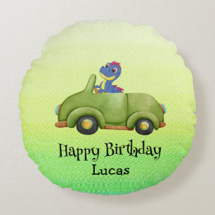 Funny dinosaur antique car birthday School boy Round Pillow