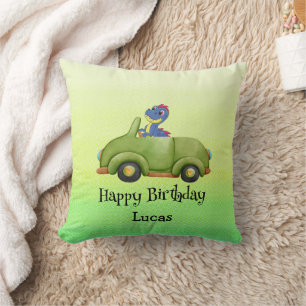 Funny dinosaur antique car birthday School boy Throw Pillow