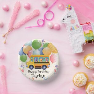 Funny dinosaur Back To School Bus Balloon Birthday Paper Plate