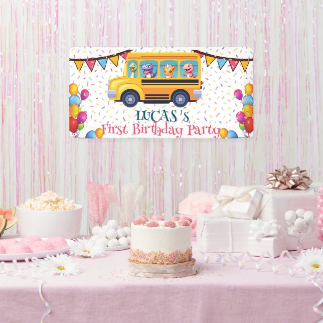 Funny dinosaur Back To School Bus boy Birthday  Banner (Party)