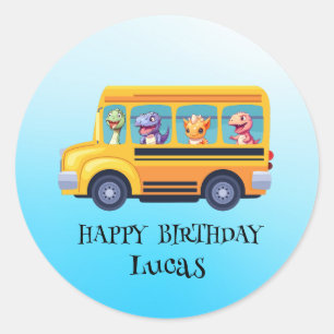 Funny dinosaur Back To School Bus boy Birthday  Classic Round Sticker