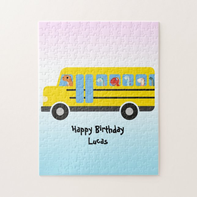 Funny dinosaur Back To School Bus boy Birthday Jigsaw Puzzle (Vertical)