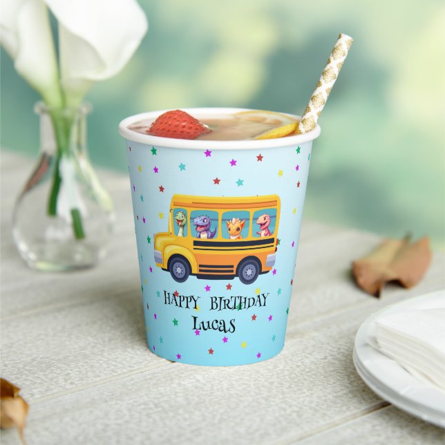 Funny dinosaur Back To School Bus boy Birthday  Paper Cups (Insitu)