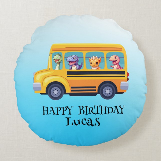 Funny dinosaur Back To School Bus boy Birthday  Round Pillow (Front)