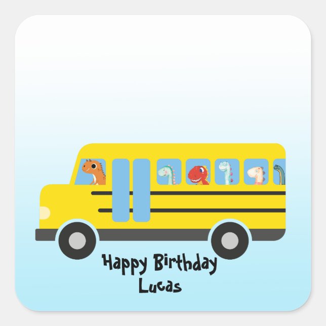 Funny dinosaur Back To School Bus boy Birthday Square Sticker (Front)