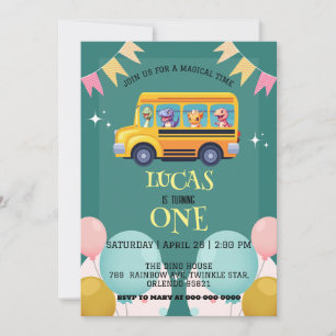 Funny dinosaur Back To School Bus boy kid Birthday Save The Date