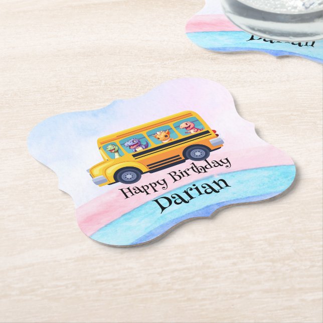 Funny dinosaur Back To School Bus Rainbow Birthday Paper Coaster (Angled)
