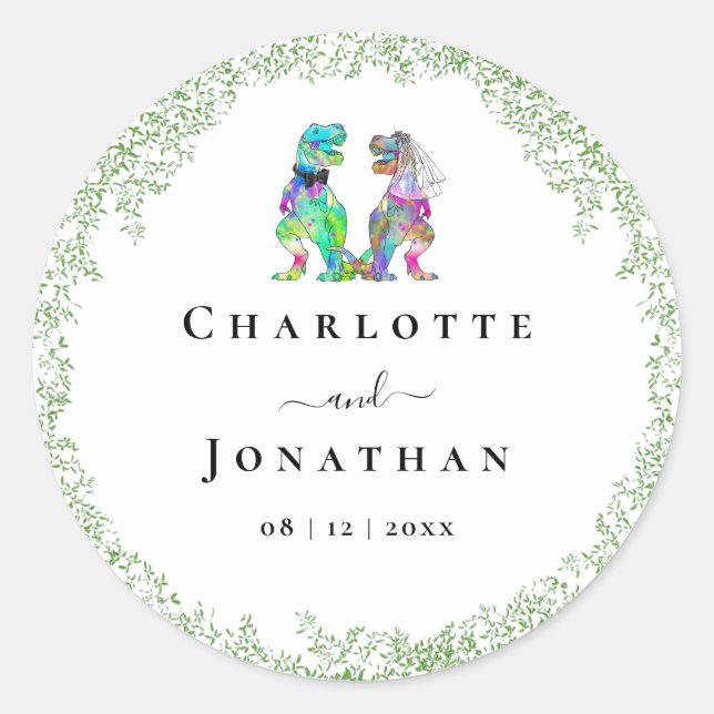 Funny Dinosaur Bride and Groom Custom Wedding Classic Round Sticker (Front)