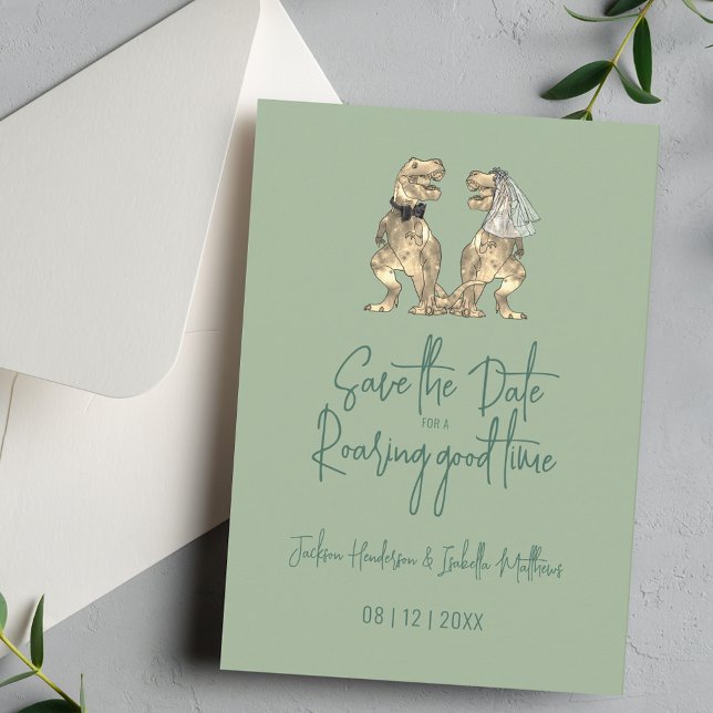 Funny Dinosaur Bride and Groom Wedding Sage Green Save The Date (Funny dinosaur bride and groom roaring good time quote dino wedding save the date sage green invite)