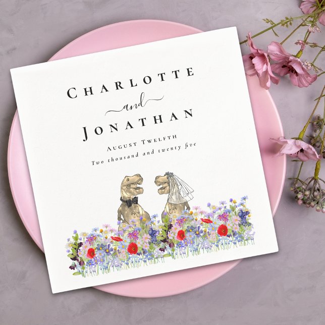 Funny Dinosaur Bride & Groom Custom Wedding Napkin (Funny dinosaur bride and groom custom wedding napkins watercolor wildflower florals)