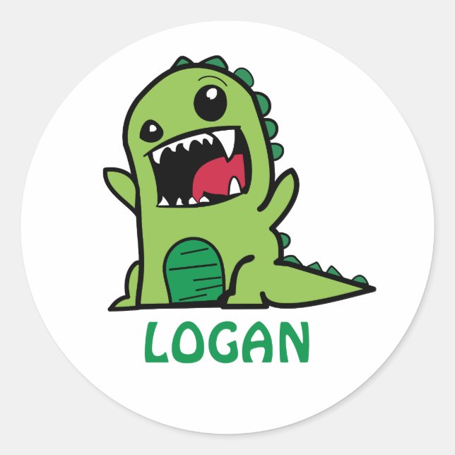 Funny dinosaur cartoon with name  classic round sticker (Front)