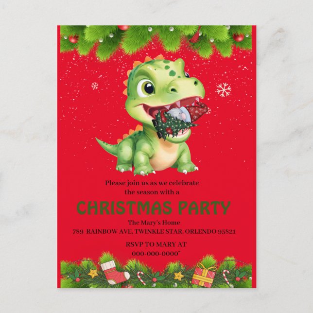 Funny Dinosaur eat Gnome Christmas tree party gift Postcard (Front)