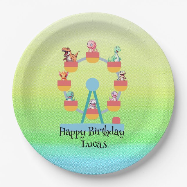 Funny dinosaur Ferris wheel Birthday party DIY Nam Paper Plate (Front)