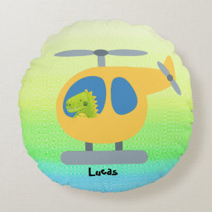 funny dinosaur flying  yellow helicopter party round pillow