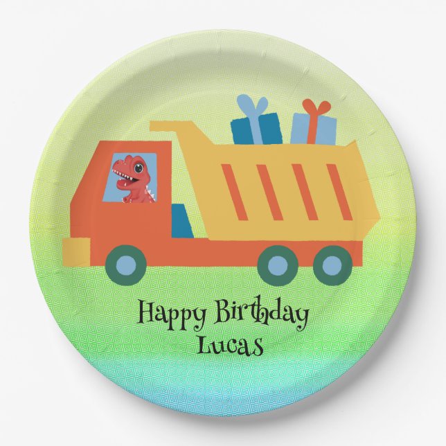 Funny dinosaur gifts truck Birthday party DIY Name Paper Plate (Front)