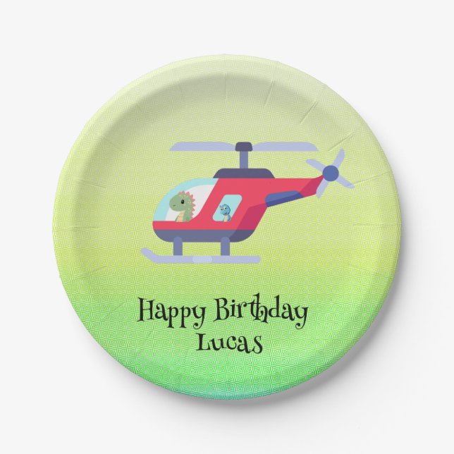 Funny dinosaur Helicopter Birthday party DIY Name Paper Plate (Front)