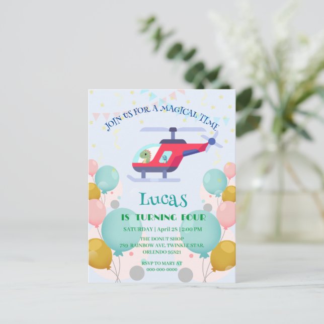 Funny dinosaur Helicopter Birthday party DIY Name Postcard (Standing Front)