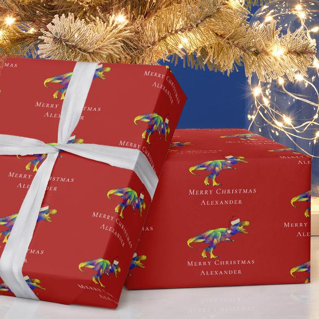 Funny Dinosaur Merry Christmas Personalized Red Wrapping Paper (Christmas dinosaur t-Rex personalized boys name holiday red wrapping paper)