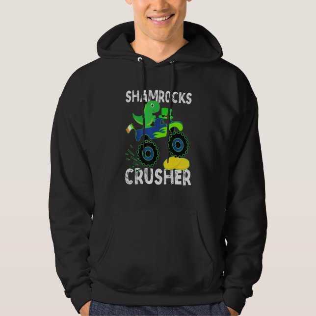 Funny Dinosaur Monster Truck St Patrick's Day Boys Hoodie (Front)