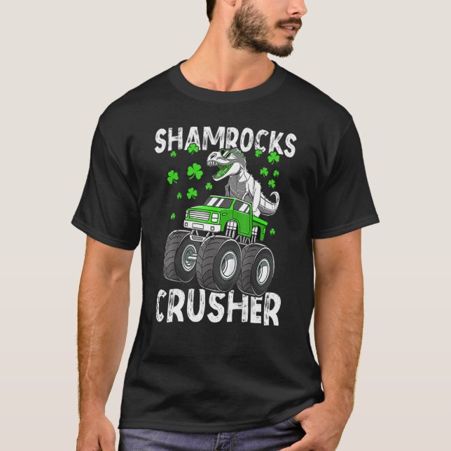 Funny Dinosaur Monster Truck St Patrick's Day Boys T-Shirt (Front)
