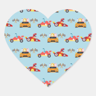 Funny Dinosaur racing car boy kids Birthday party Heart Sticker