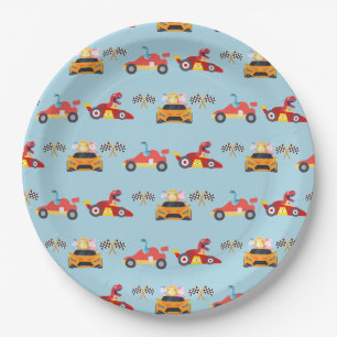 Funny Dinosaur racing car boy kids Birthday party Paper Plate