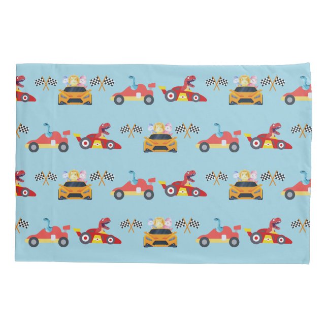 Funny Dinosaur racing car boy kids Birthday party Pillowcase (Back)