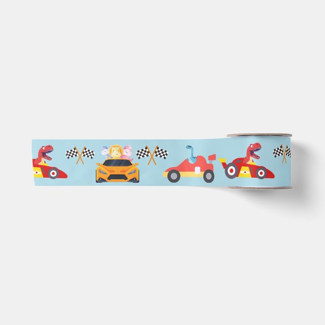 Funny Dinosaur racing car boy kids Birthday party Satin Ribbon (Front)