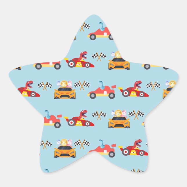 Funny Dinosaur racing car boy kids Birthday party Star Sticker (Front)