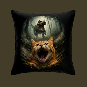 Funny Dinosaur Roaring T-Rex & Screaming Cat Throw Pillow