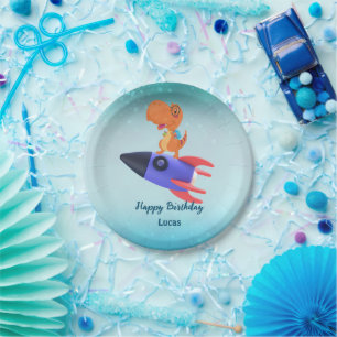 Funny dinosaur rocket back 2 School Birthday party Paper Plate