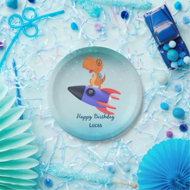 Funny dinosaur rocket back 2 School Birthday party Paper Plate (Party)