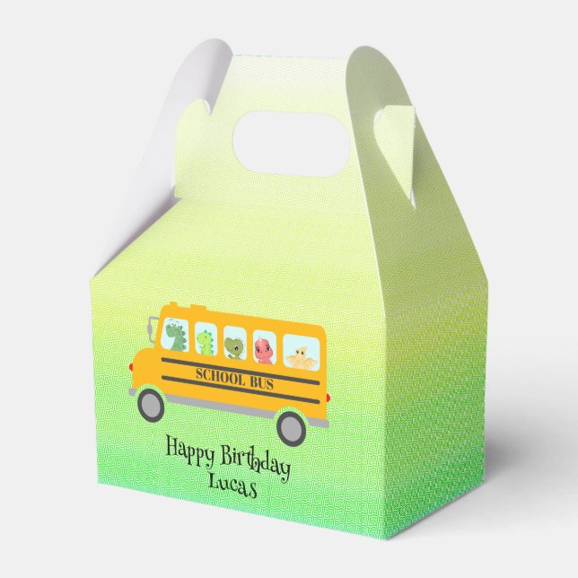 Funny dinosaur school Bus Birthday party DIY Name Favor Box (Front Side)