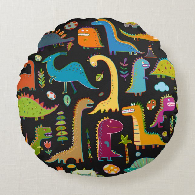 Funny dinosaur seamless pattern round pillow (Front)