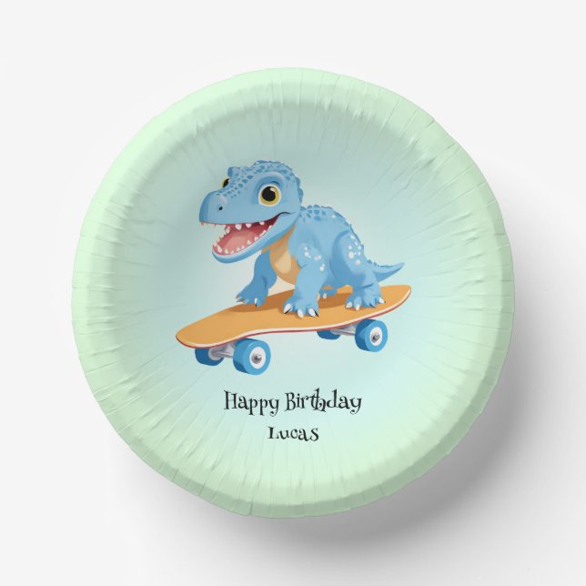 Funny dinosaur Skateboard Birthday party boys Paper Plate (Front)