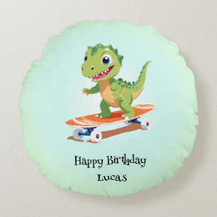 Funny dinosaur Skateboard Birthday party boys Round Pillow