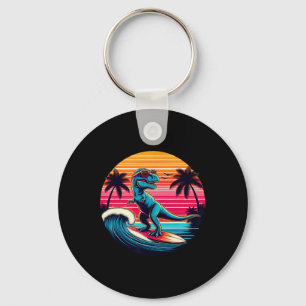 Funny Dinosaur Surfing Retro Sunset Men Women Kids Keychain