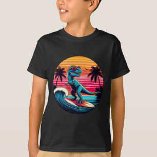 Funny Dinosaur Surfing Retro Sunset Men Women Kids T-Shirt