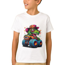 Funny Dinosaur T Rex On Monster Truck T-Shirt