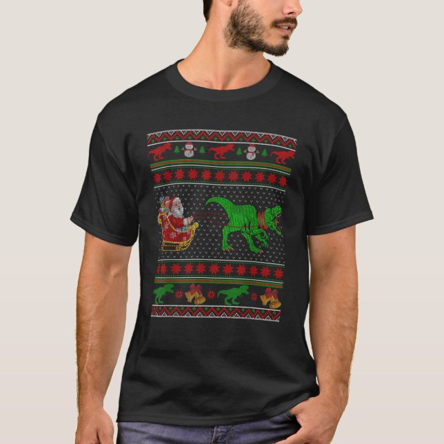 Funny Dinosaur T Rex Santa Sleigh Ugly Christmas S T-Shirt (Front)