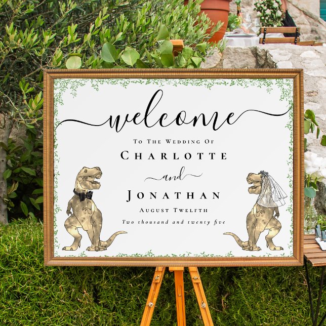 Funny Dinosaur Theme Wedding Welcome Poster (Dinosaur wedding welcome poster signage watercolor greenery elegant script funny T-Rex bride & groom)