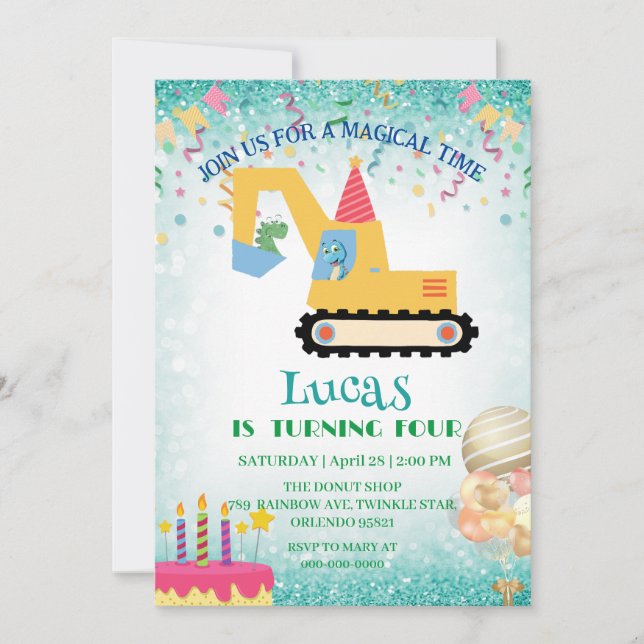 Funny dinosaur tractor Birthday party DIY Name Holiday Card (Front)