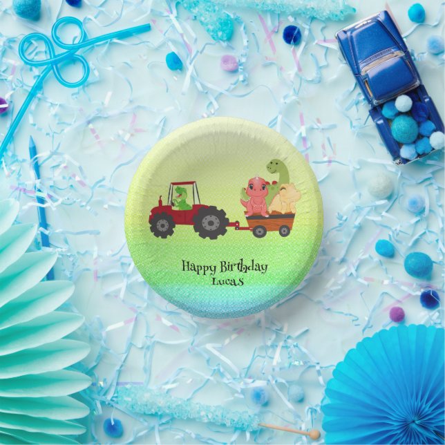 Funny dinosaur tractor Birthday party DIY Name Paper Plate (Party)