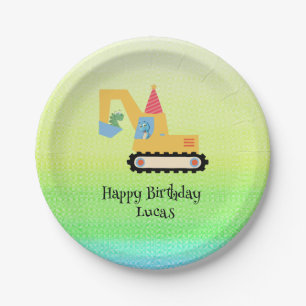 Funny dinosaur tractor Birthday party DIY Name Paper Plate