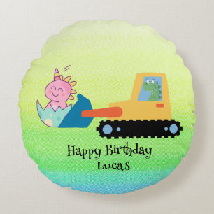 Funny dinosaur tractor Birthday party DIY Name Round Pillow