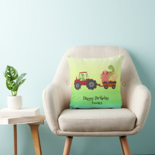 Funny dinosaur tractor Birthday party DIY Name Throw Pillow